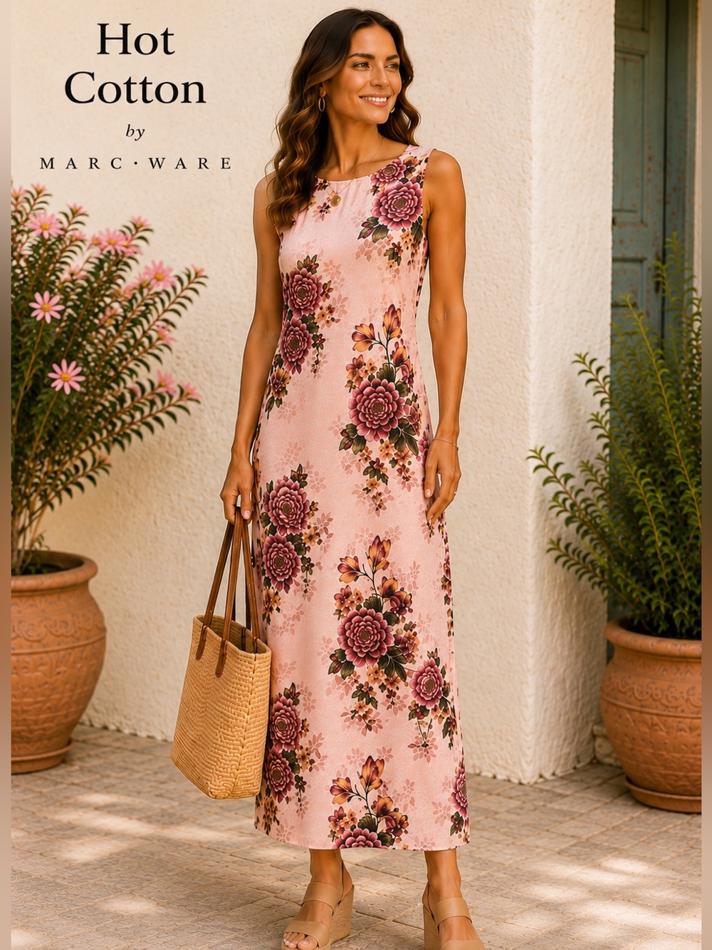 Hot Cotton Marc Ware Blush Pink Floral Linen Cotton Maxi Dress USA Made,Size S